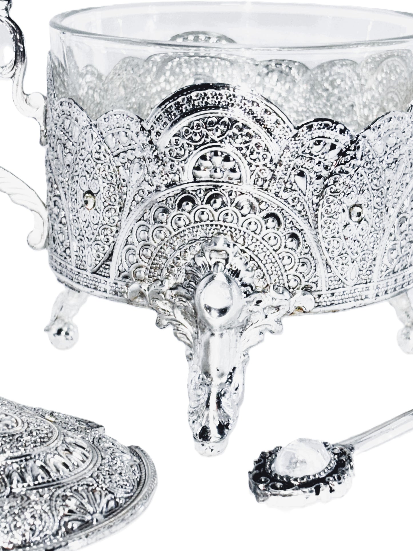 Silver Plated Sugar Bowl with Lid and Spoon, Ornate Filigree Design, Glass Insert, 3-Piece Set