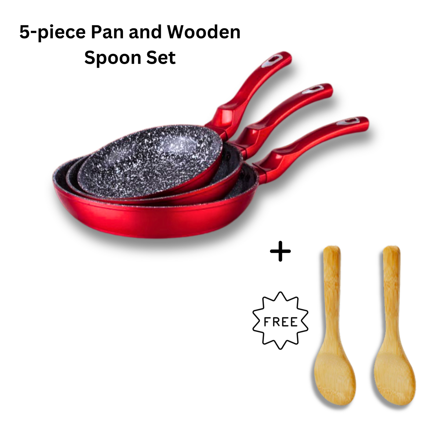 5 PC Mega Cook Frying Pan Set and Wooden Spoons - Red