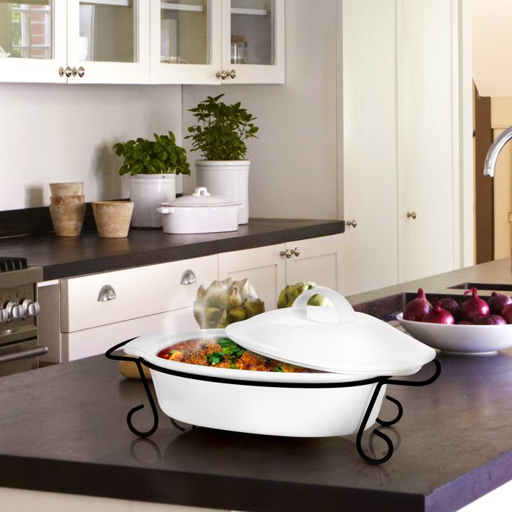 3 PC Gibson Stoneware Bakeware With Lid & Metal Rack