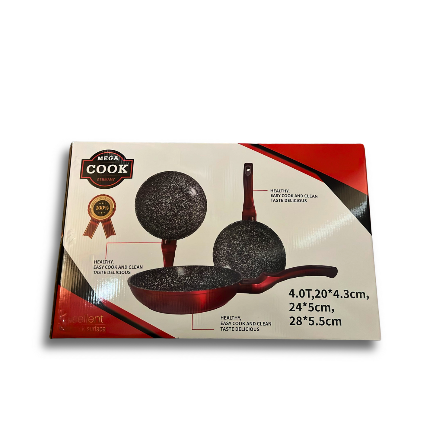 5 PC Mega Cook Frying Pan Set and Wooden Spoons - Red