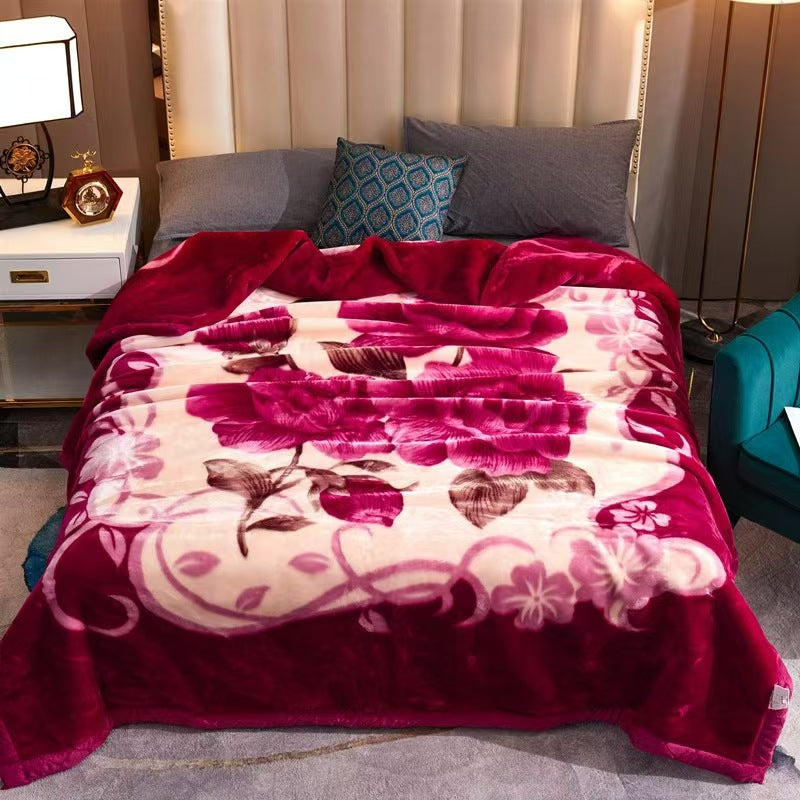 6.5 Kg Weighted Burgundy/Beige Big Rose 2-ply Queen Size Blanket