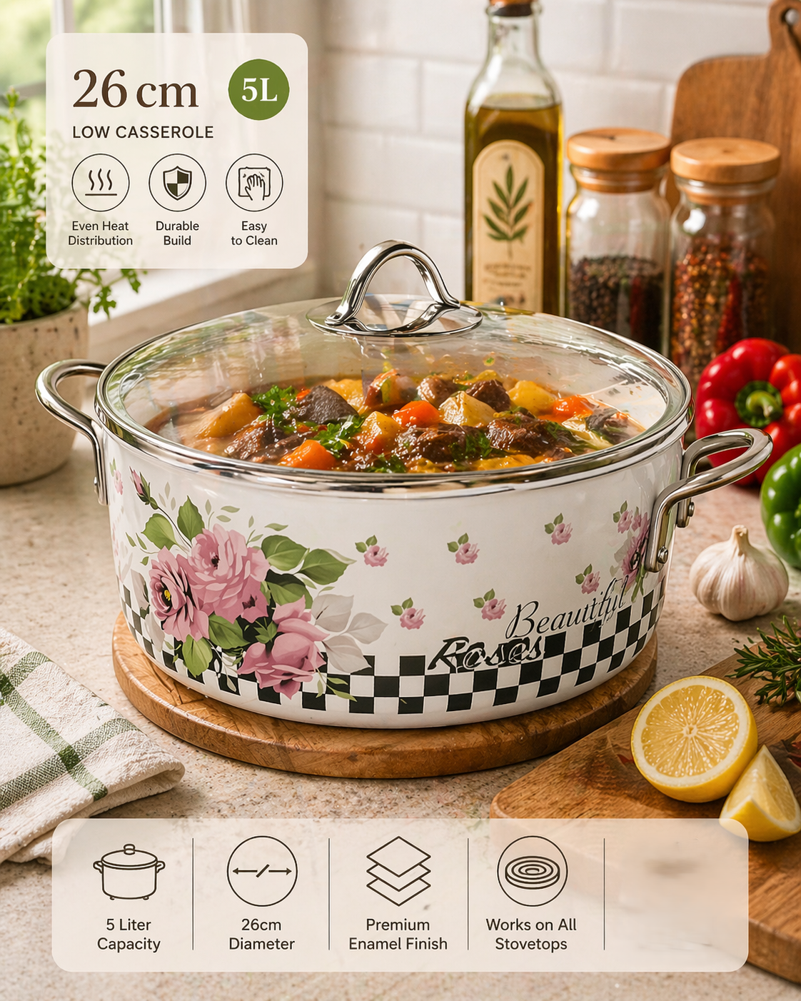 Floral Checkered Print with Glass Lid 5 qt Deep Pan