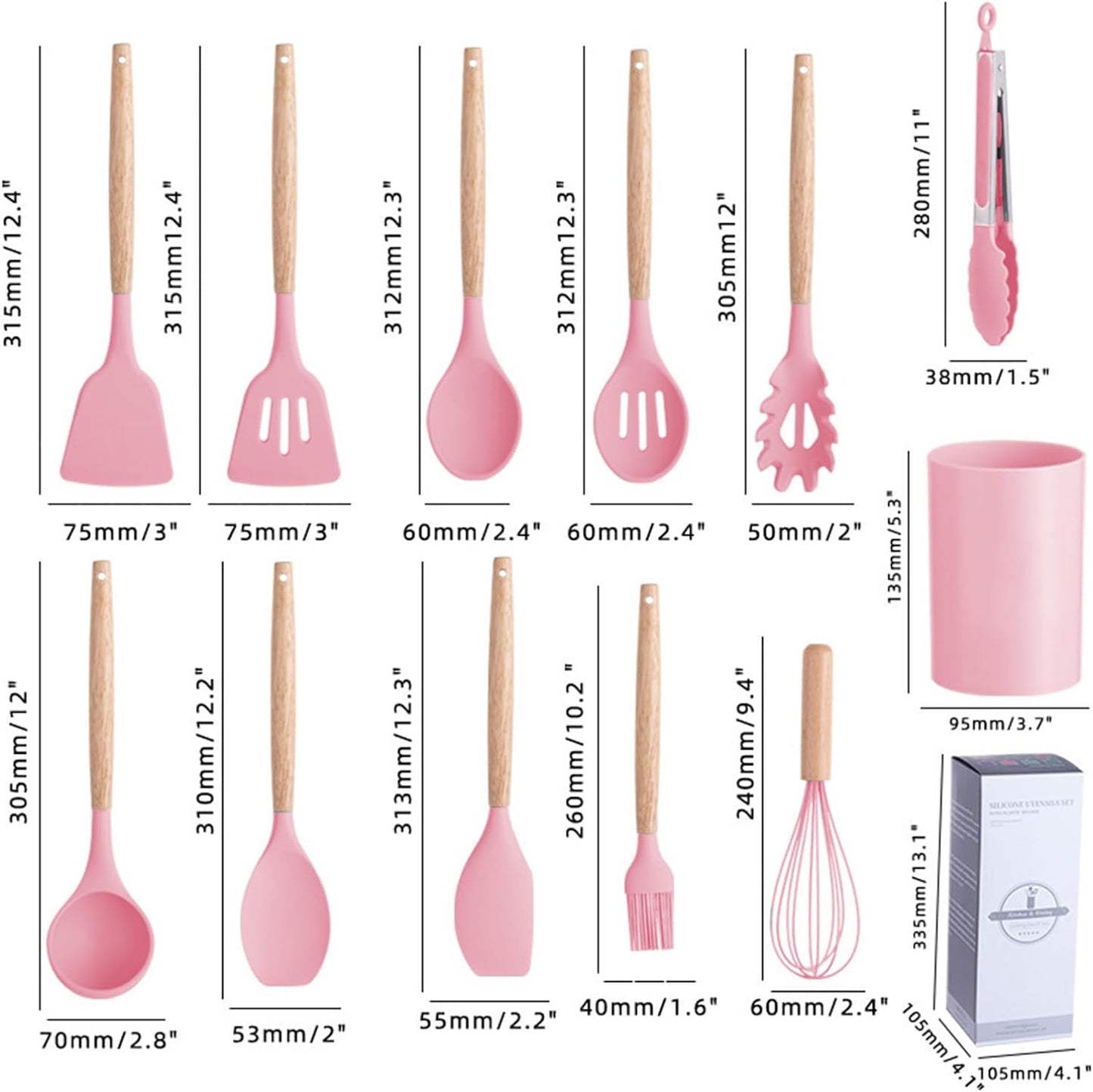 12 PC Pink Silicone Utensil Set With Storage Box