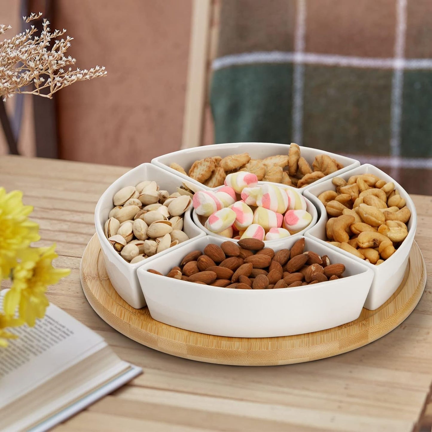 Gibson 6 PC Tidbit Dish Set with Rotating Wood Base