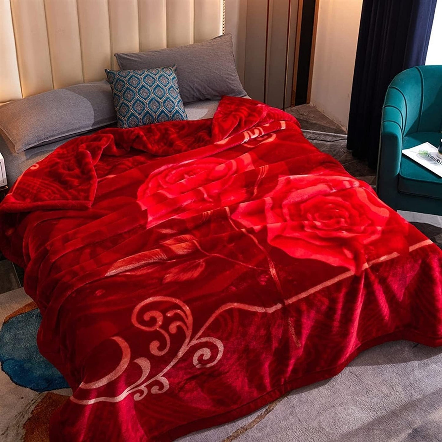 Queen Size Red Rose Korean Mink Heavy, Fleece Plush, 2 Ply Reversible Raschel Bed Blanket