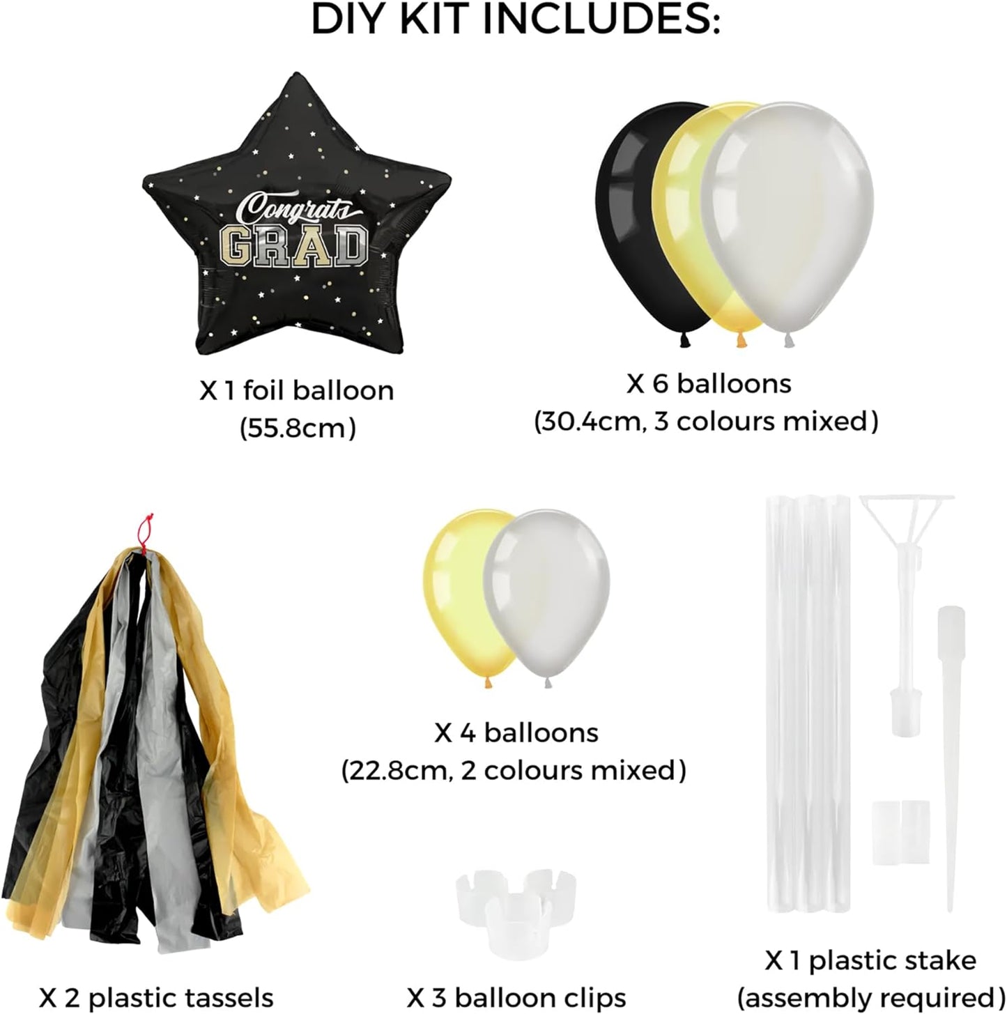 Black, Gold, Silver Congrats Grad Latex & Foil Balloon Kit