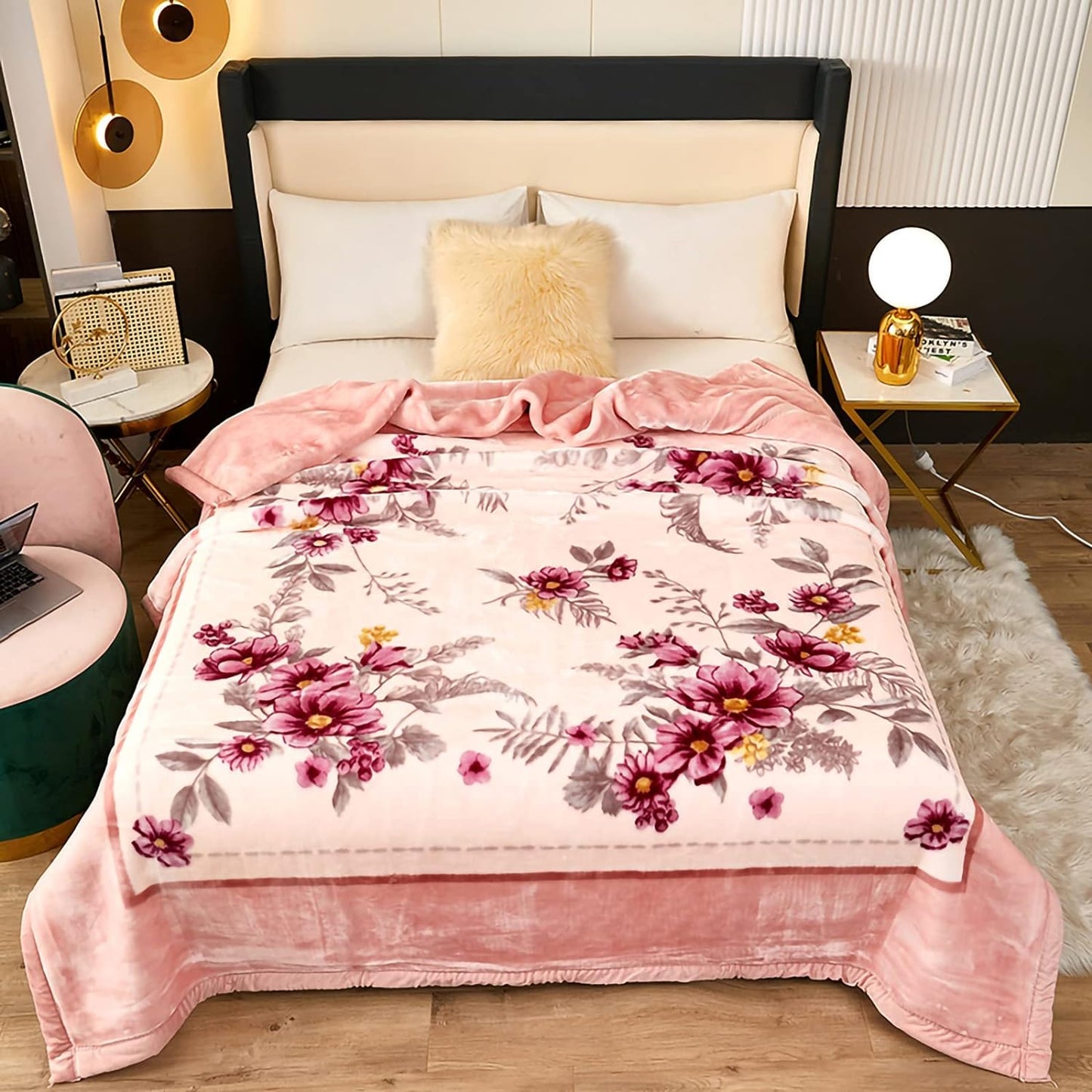 3.5kg Korean Heavy Plush 2 Ply Mink Blankets with Pink Floral Pattern Queen-Sized