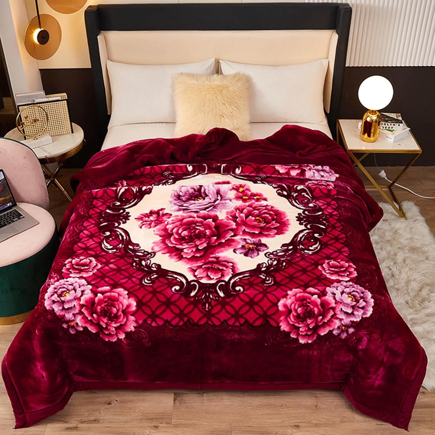 Queen Size Burgundy Rose Korean Mink Heavy, Fleece Plush, 2 Ply Reversible Raschel Bed Blanket