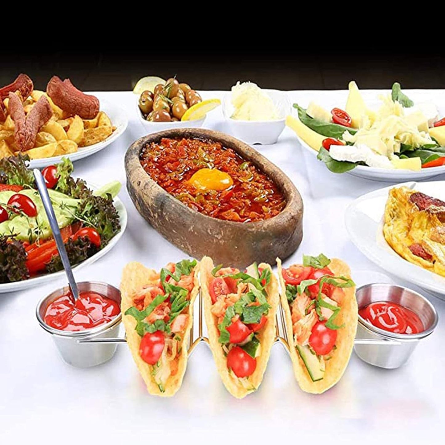 3 PC Party Taco Holders Stainless Steel with 2 Salad Cups