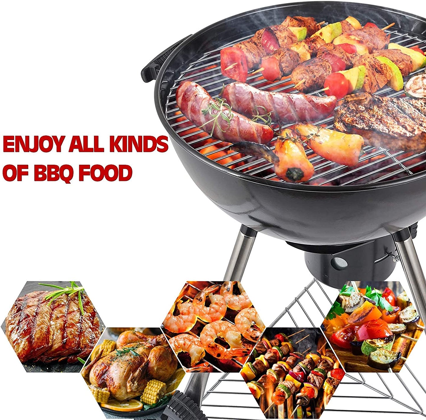 17" Round Portable BBQ Charcoal Grill Set (Free Gifts: Grilling Skillet & 3 Spices)