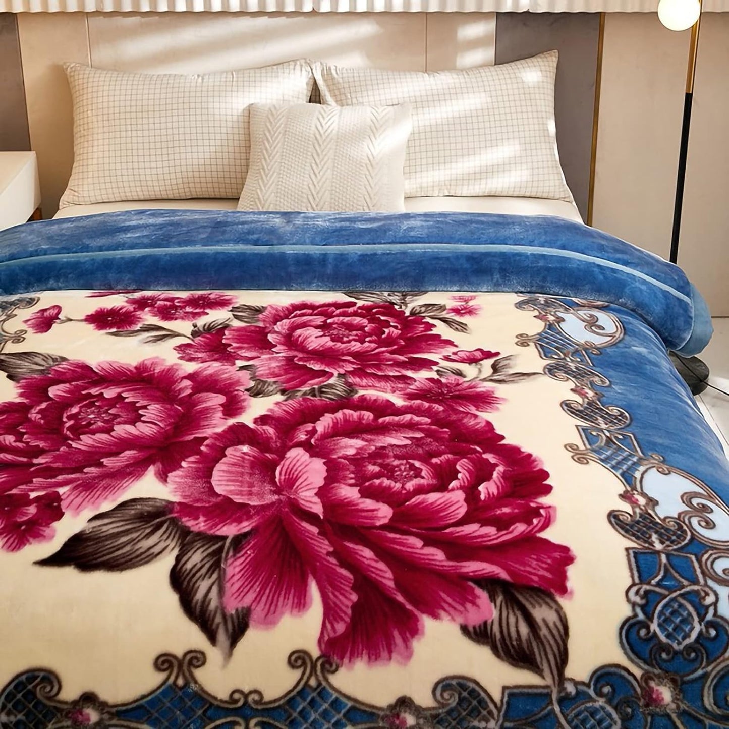 Queen Size Blue Korean Mink Heavy, Fleece Plush, 2 Ply Reversible Raschel Bed Blanket