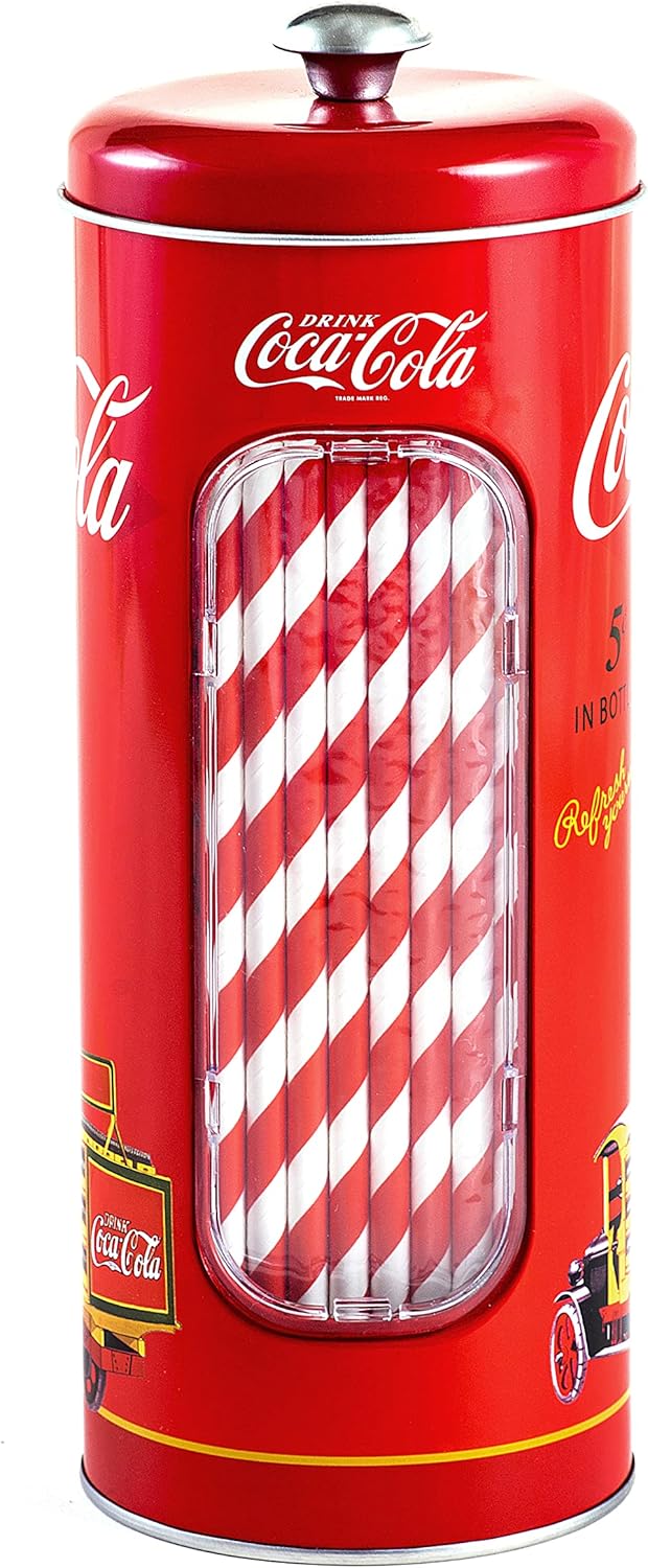The Tin Box Company Coca Cola Straw Holder Tin with 20 Paper Straws Inside