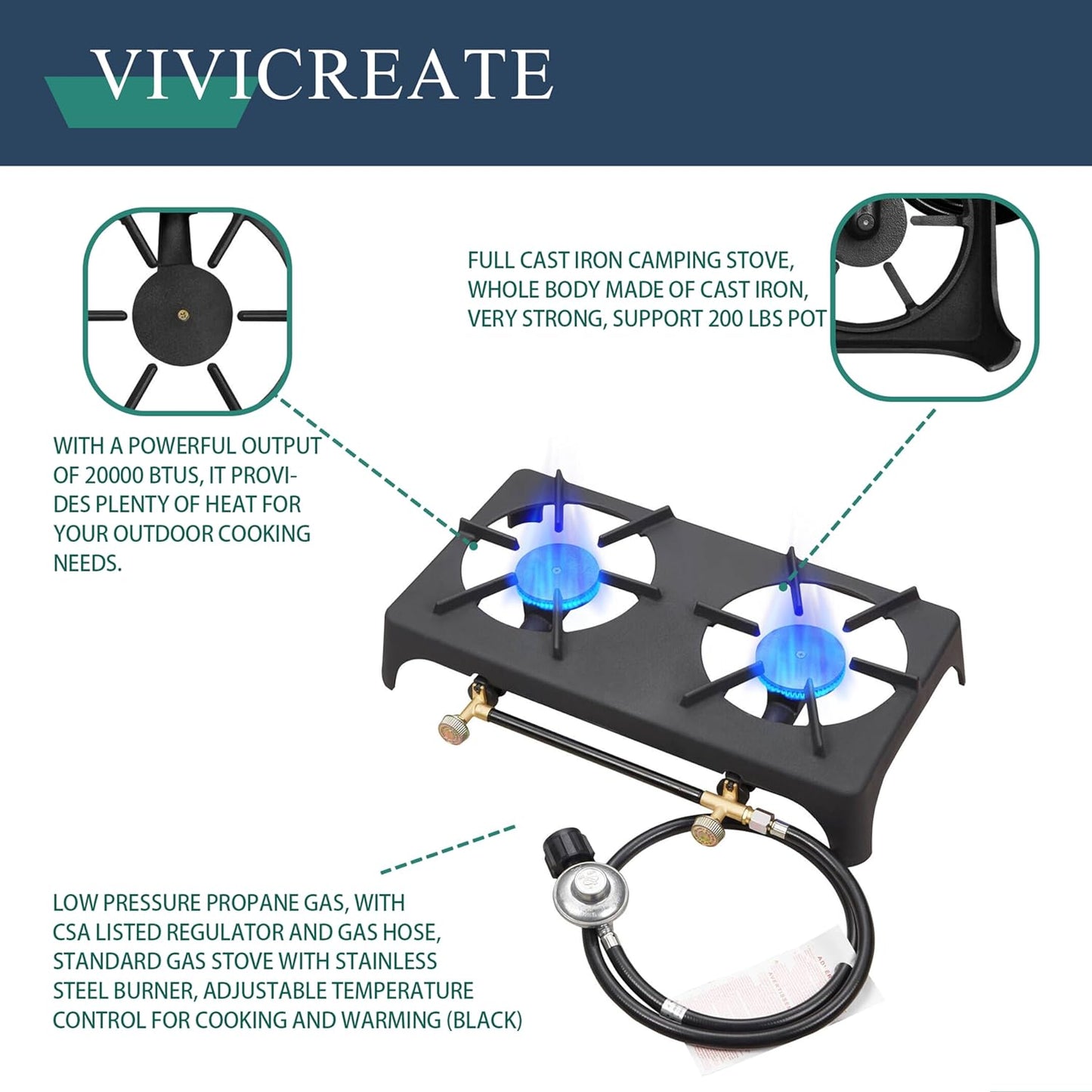 Vivicreate 20000 BTU Propane Camping Outdoor 2 Burners Gas Stove
