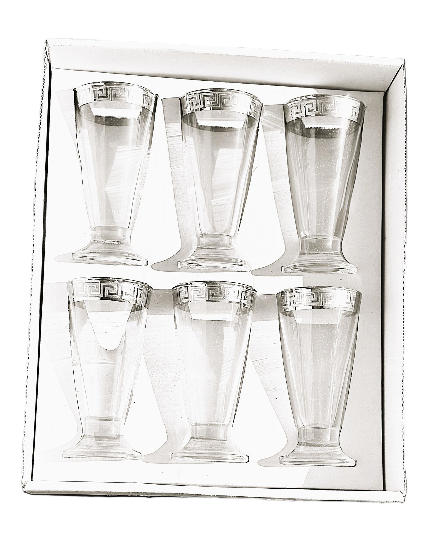 Glass Shot Dessert 2oz Cups with Silver Greek Key Trim, Set of 6, Footed Sundae Glasses