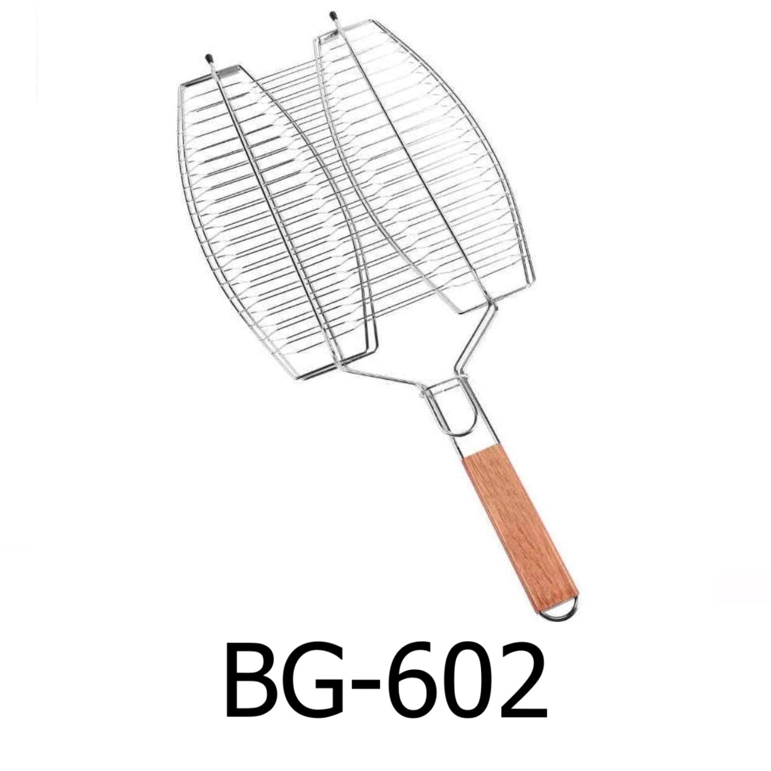 2 Fishes BBQ Grill Basket Wire Mesh Grilling Net with Long Wooden Hand