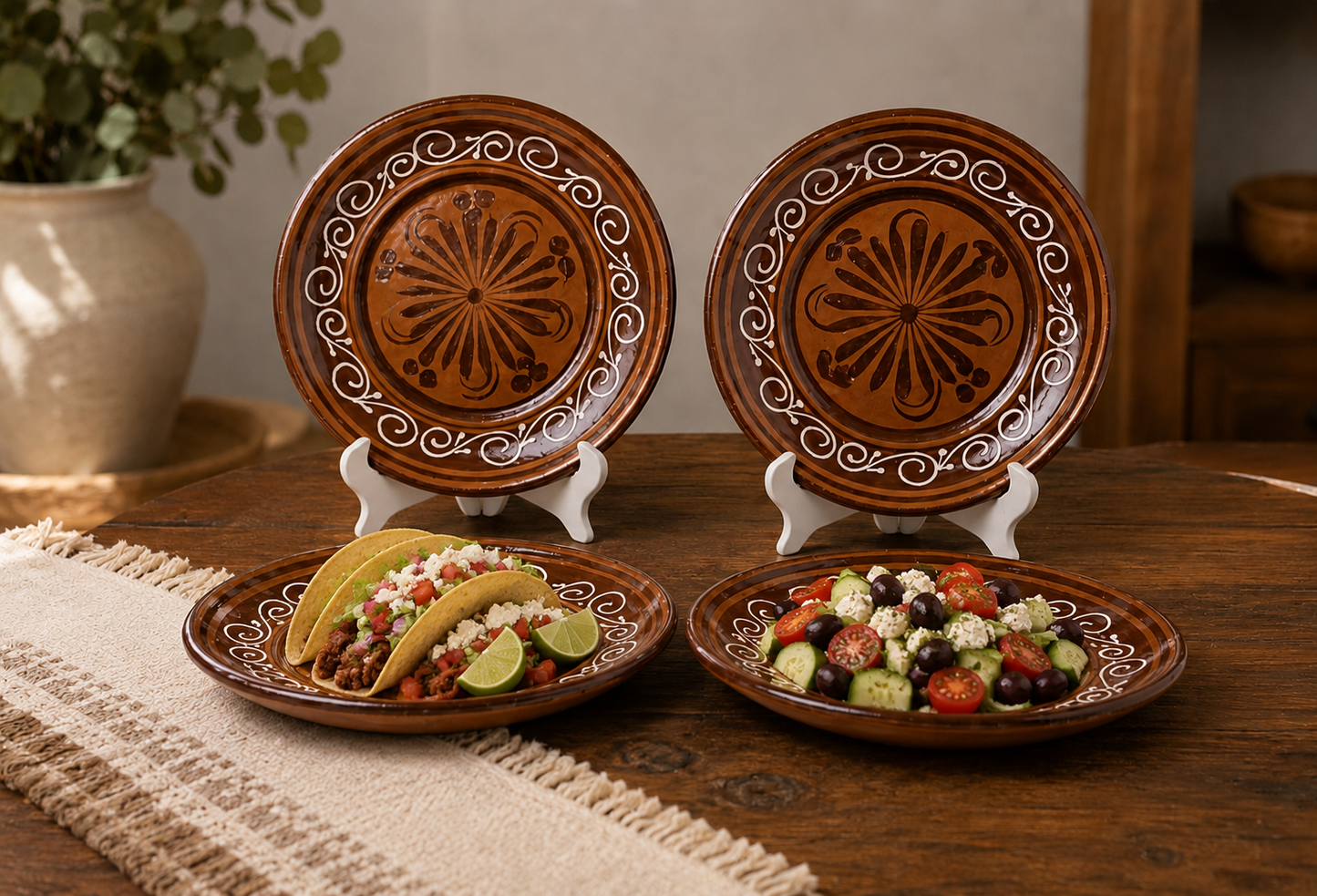 Handcrafted Terracotta Dinner Plate Set Traditional Floral Design (Set of 4) - Juego de Platos de Cena de Terracota Hechos a Mano Diseño Floral Tradicional (Set de 4)