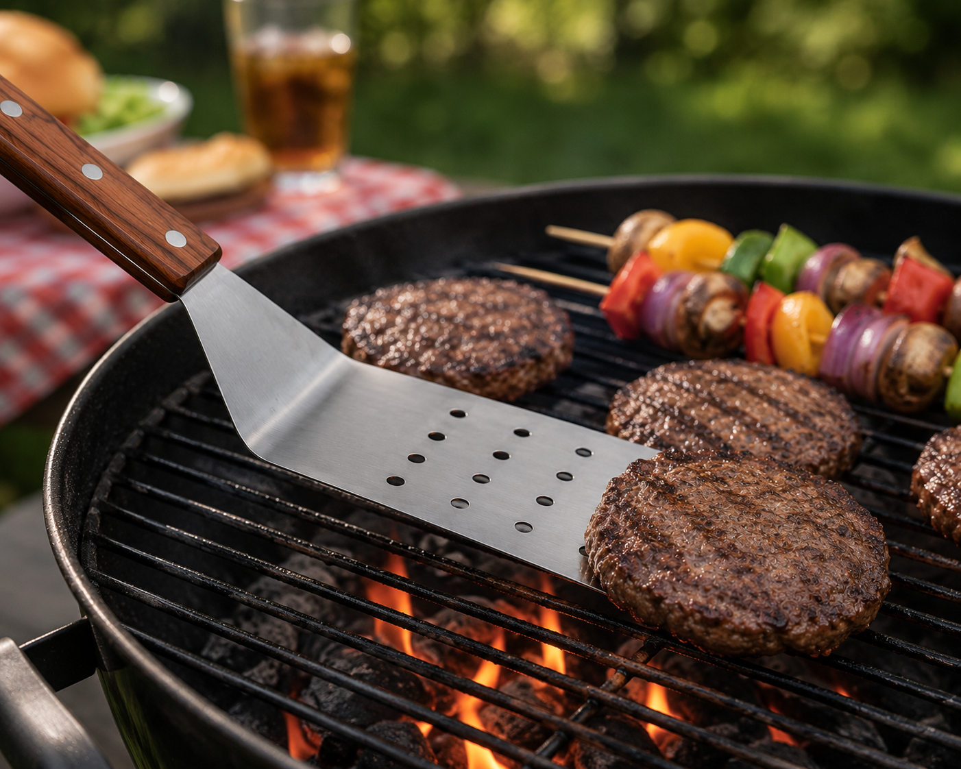 Stainless Steel Grill Spatula with Ergonomic Wooden Grip - 14.8"