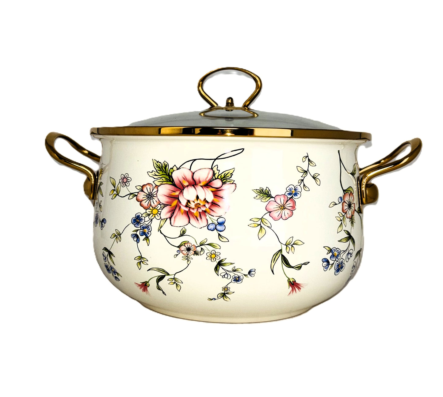 BOSHILANG Enamel Stockpot with Glass Lid, Floral Design, Cream with Gold Trim, Two Handles 5.5L Casseroles