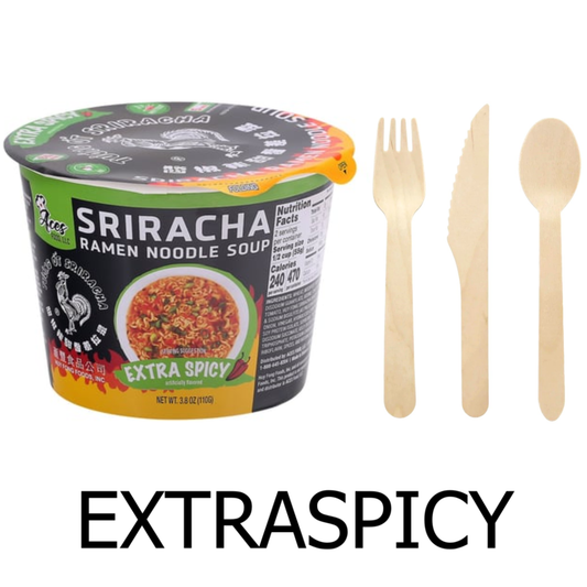 12 PC Tuong Ot Sriracha Extra Spicy Flavor Ramen Noodle Soup & 24 PC Wooden Cutlery
