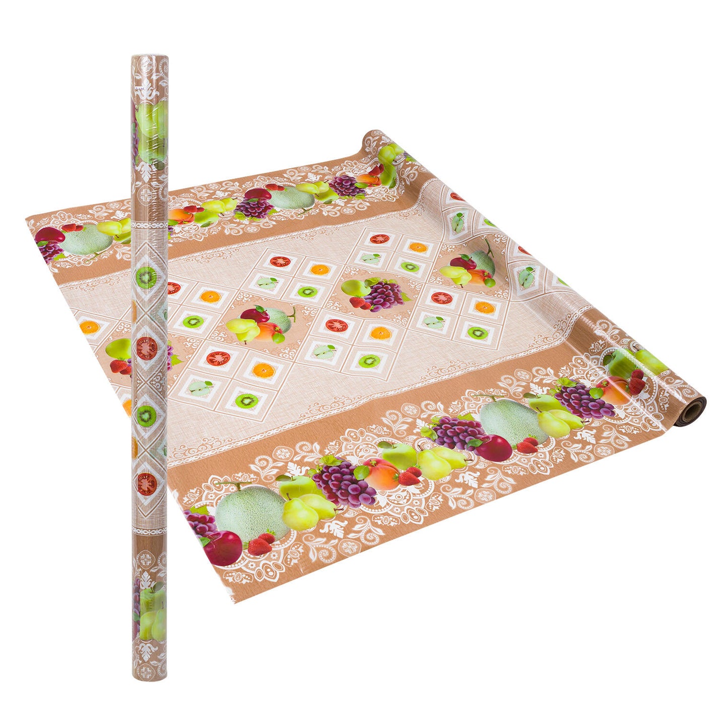 Decorative Table Roll with Fruit Pattern, Beige with White Lace Design, Kitchen Dining Decor 25yrd x 54in