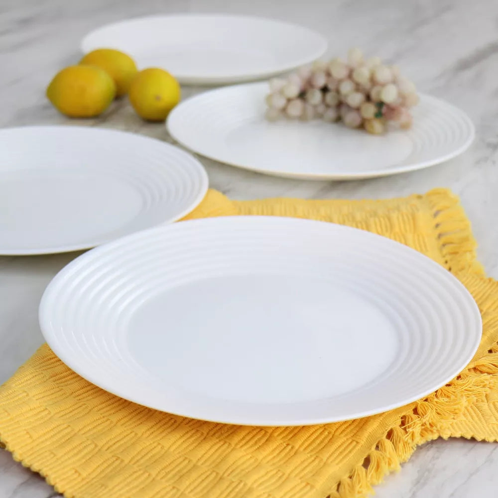 4 PC Gibson White Tempered Opal Glass Dinner Plate Set