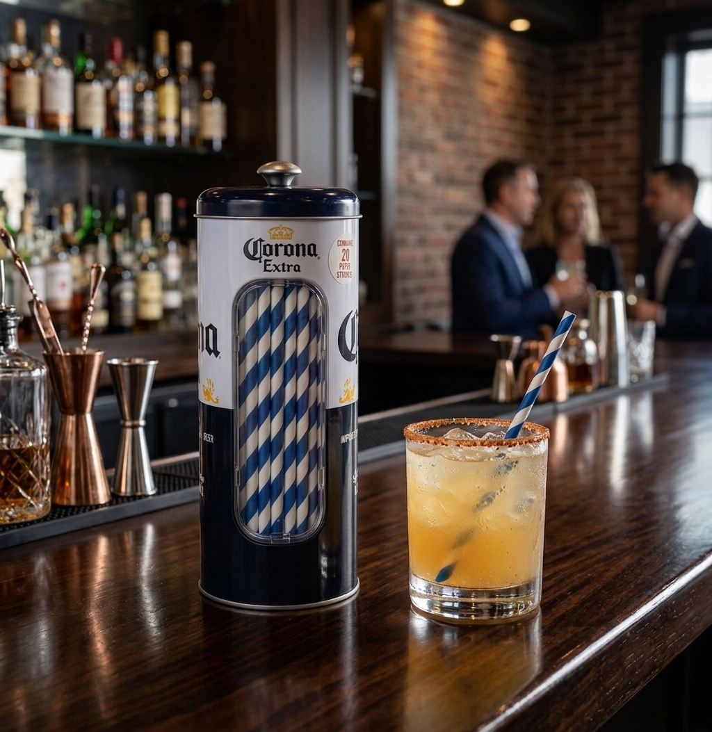 Corona Straw Dispenser with 20 Count Paper Straws-Dispensador de Popotes Corona