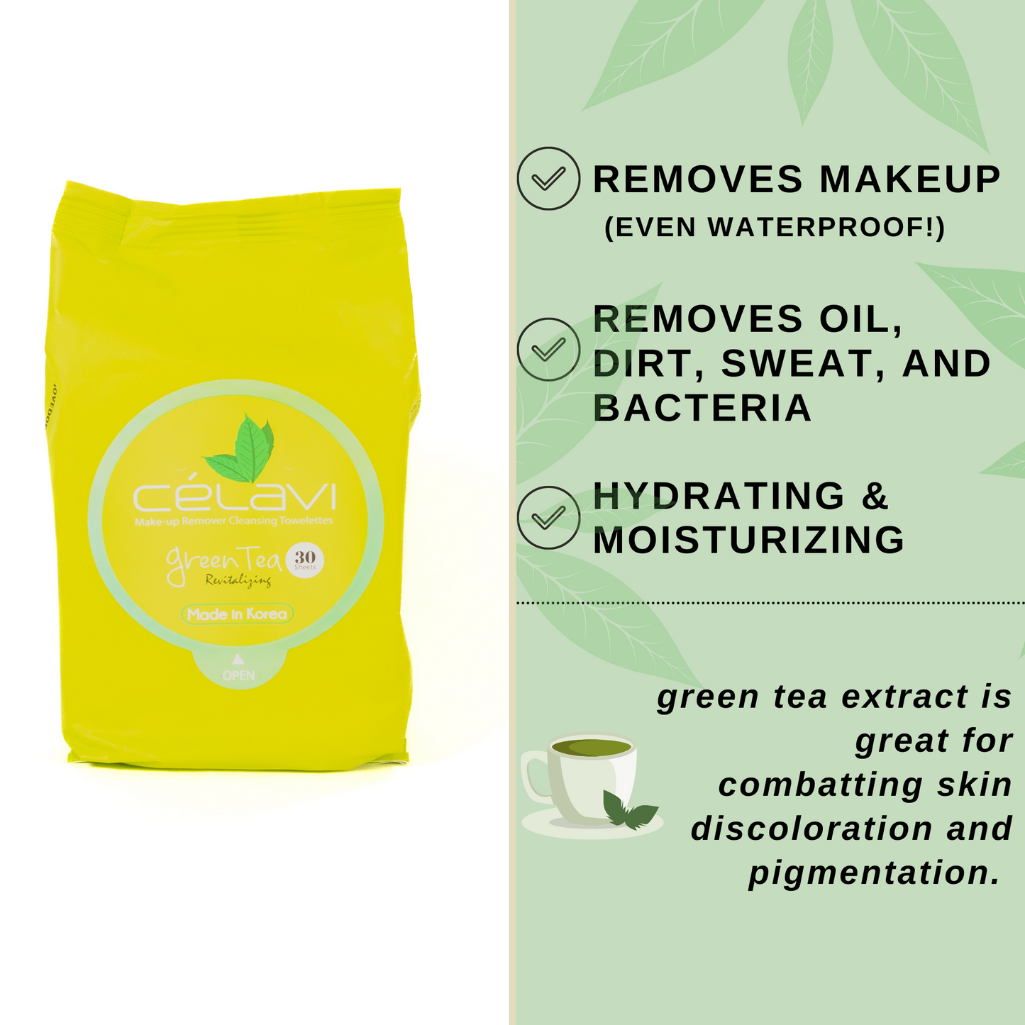 Celavi Green Tea Makeup Remover Cleansing Wipes (Pack of 2)