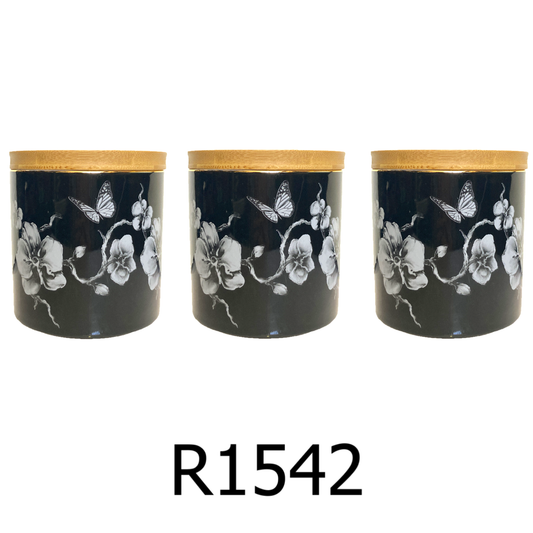3 PC Canister Black with Flower Set