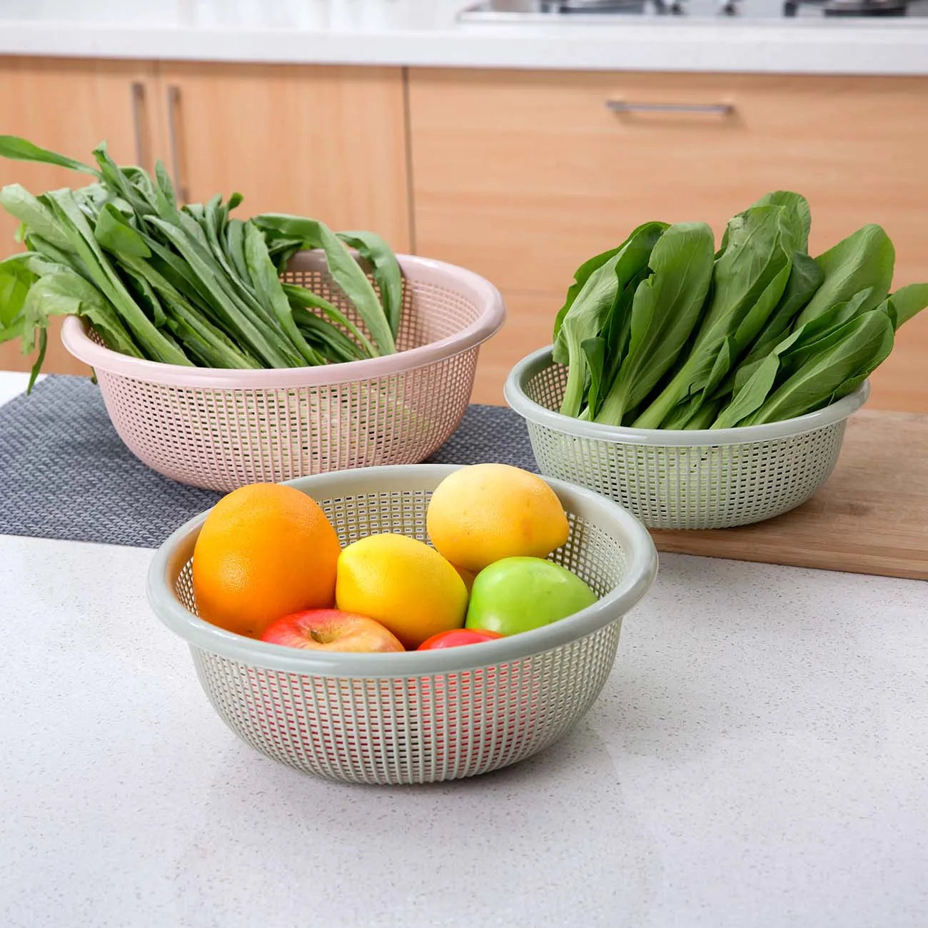 3 PC Plastic Basket / Colander - Green, Beige, Gray