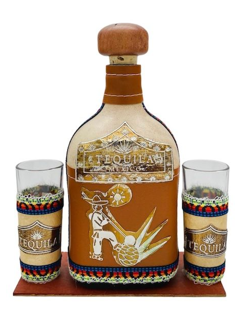 La Mexicana Leather Pachita with 2 Tequila Shot Glasses Set