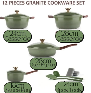 12-Piece Granite Cookware Set Green