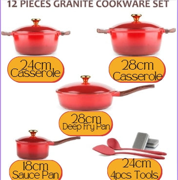 12-Piece Granite Cookware Set RED