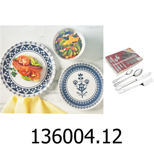 12 PC Blue Martha Stewart Dinnerware Set with 24 PC Cutlery Set