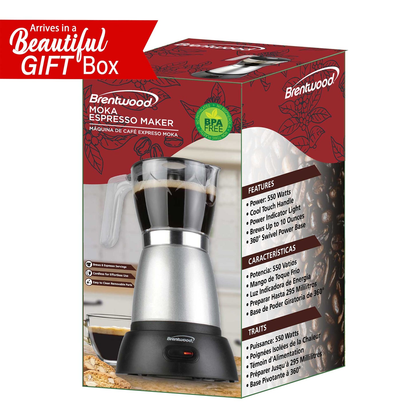 Brentwood Silver Cordless Electric Moka Pot Espresso Machine