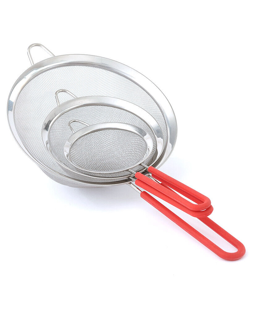 3 PC Stainless Steel Strainer Set with Silicone Handle - Red