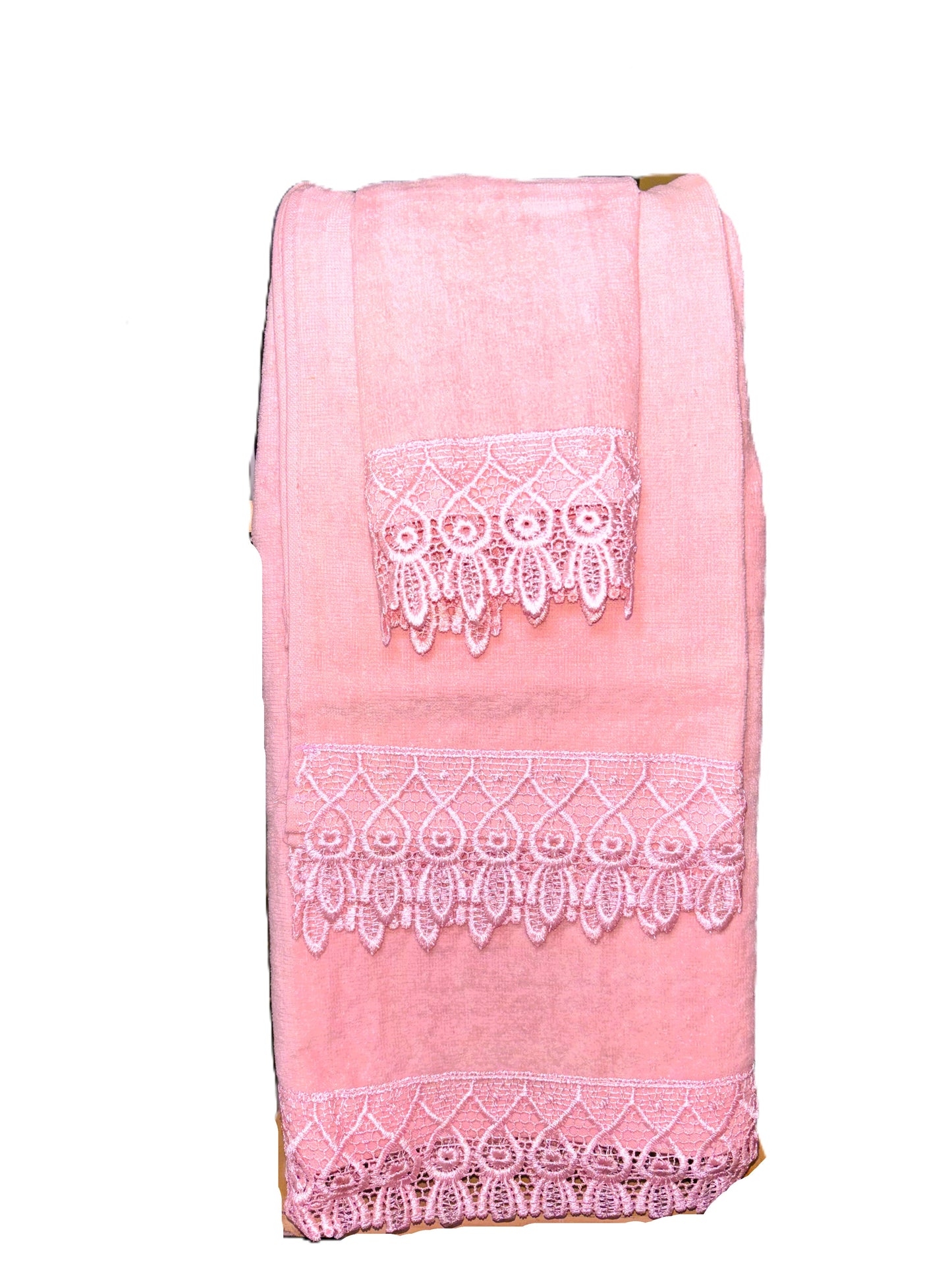 3 Piece Bath Towel Set, Pink, Lace Detail, Premium Quality 1 Hand Towel, 1 Wash Towel, 1 Bath Towel