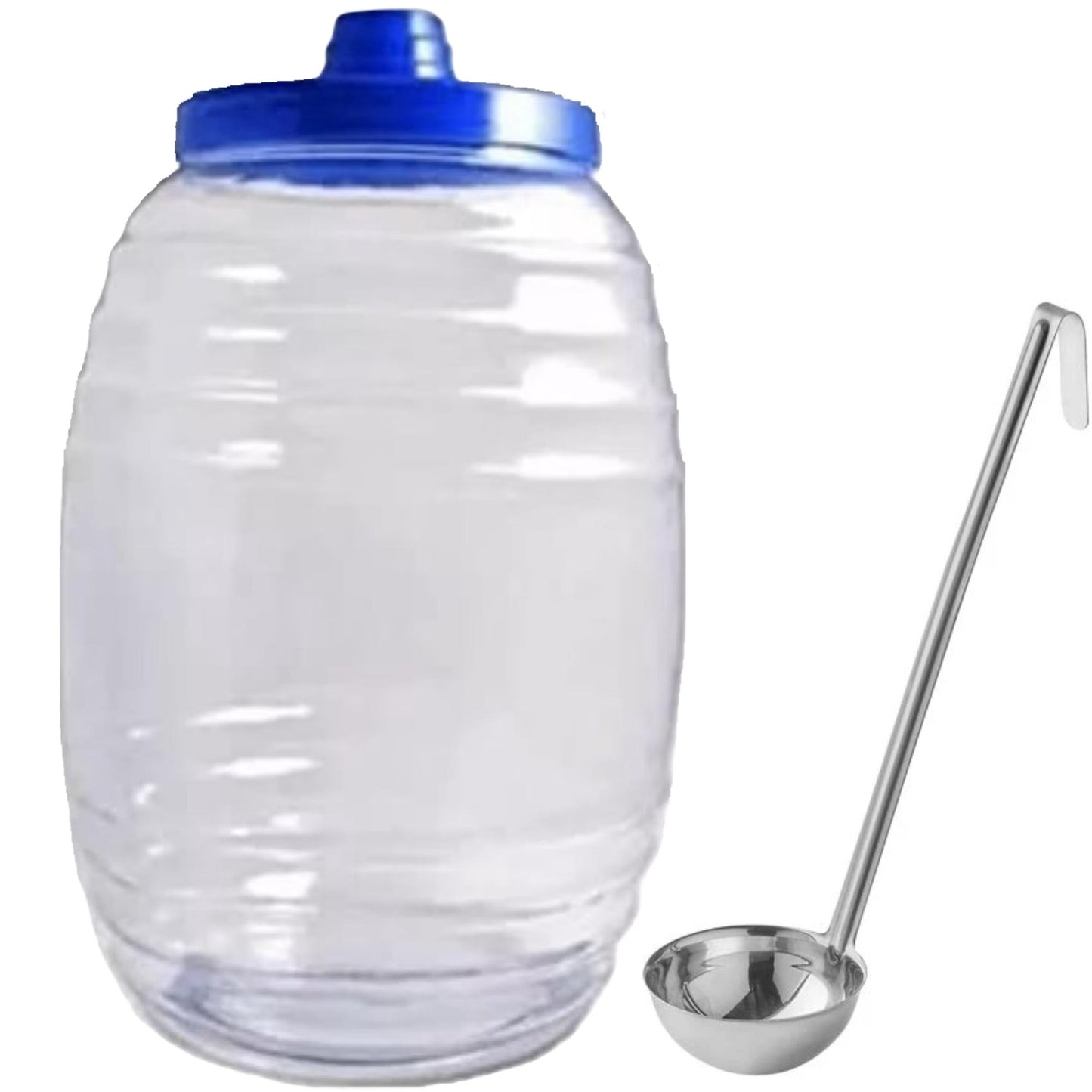 Plastic Water Dispenser Jug with Blue Lid and Stainless Steel Ladle, Clear, Large Capacity Beverage Container 5 Gallon Made in Mexico
