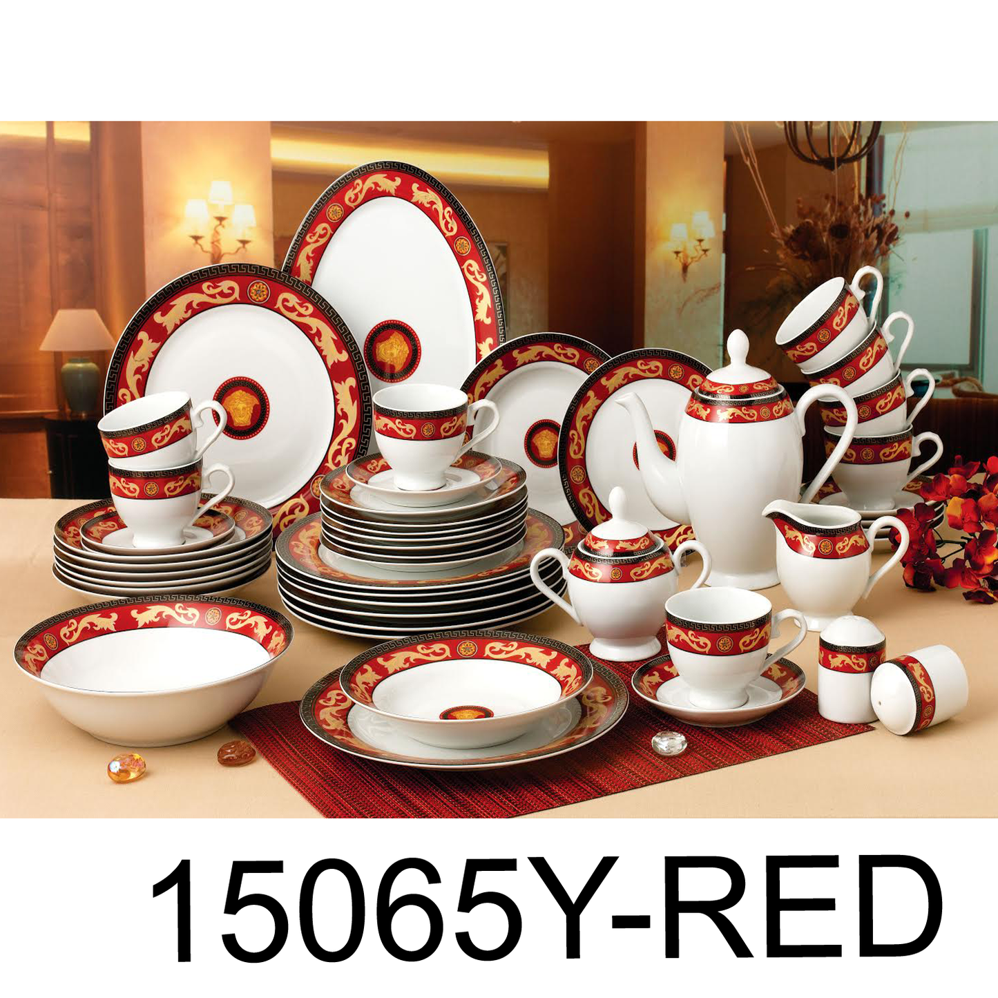 49 PC Greek Red Medusa Pattern Royal Dinner Set