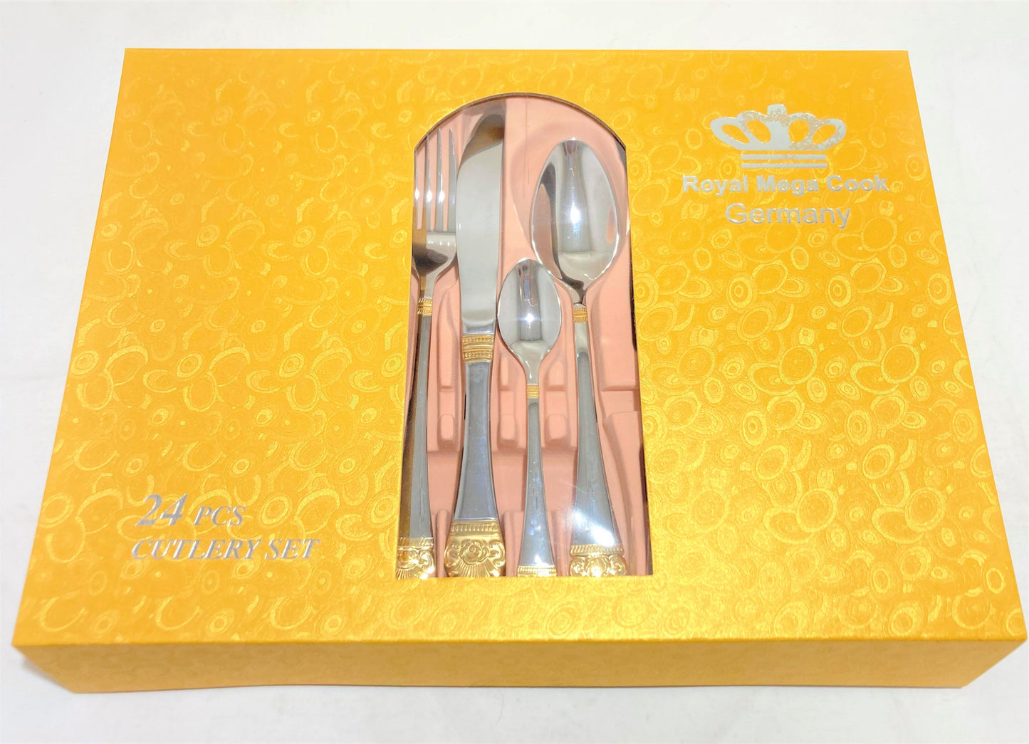 24 PC Flower Design Stainless Steel Silver & Gold Cutlery Set