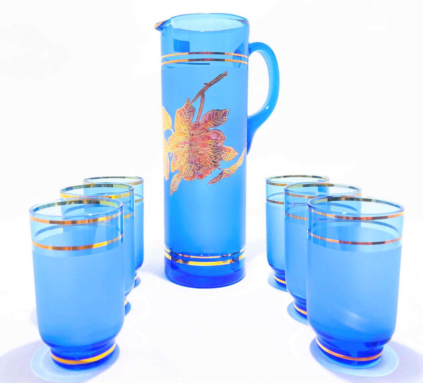 7 PC Leaf Glasses Blue & Gold Set
