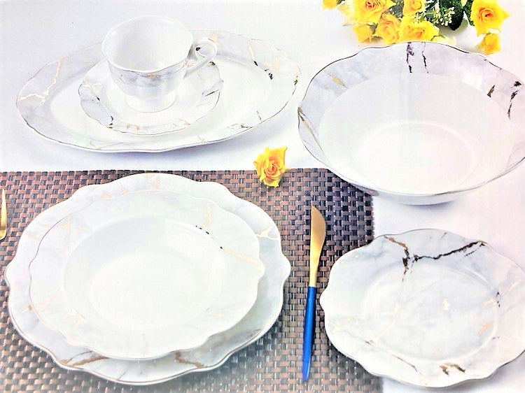 22 PC Silver Marble Dinner Set