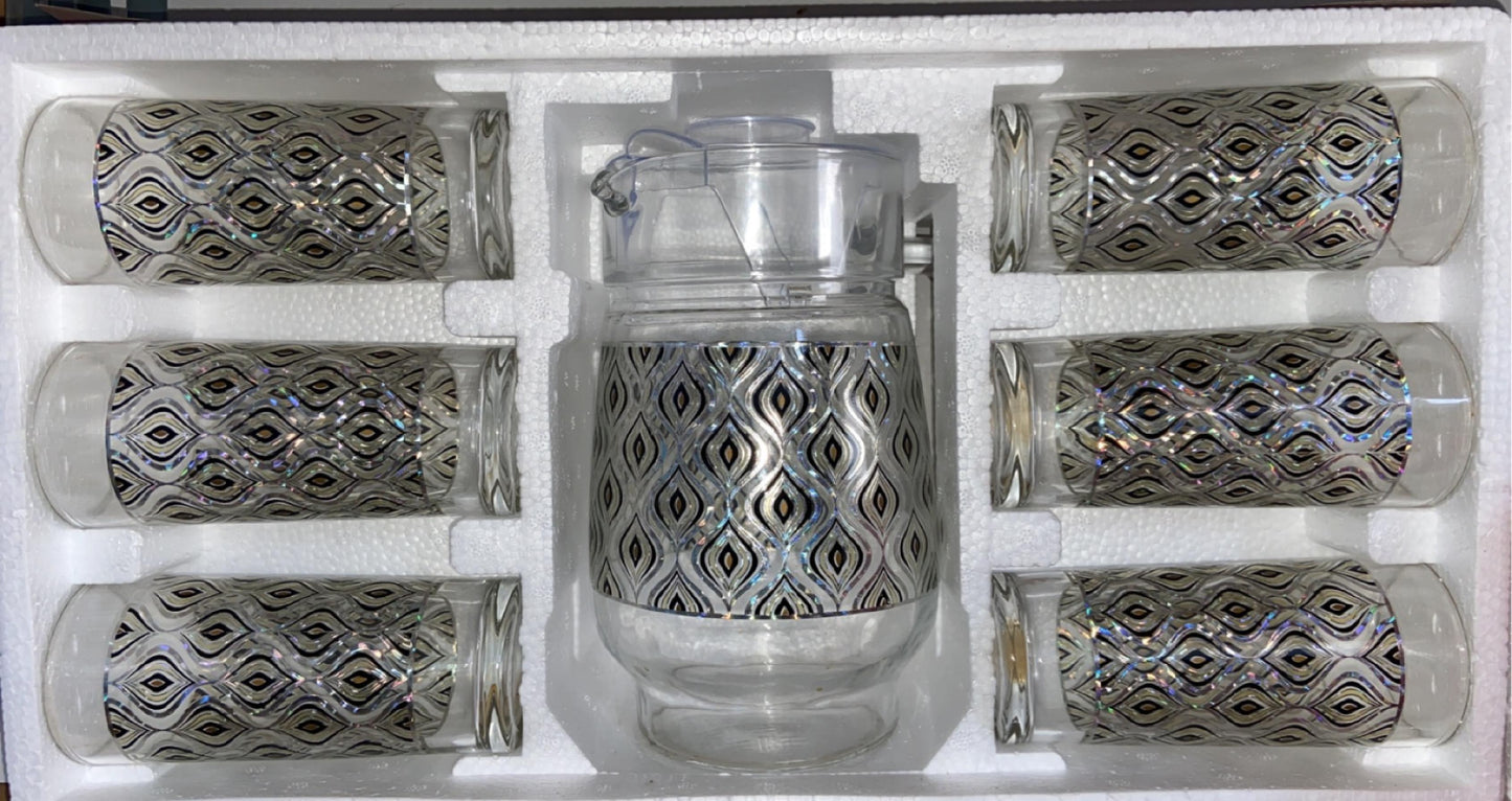 7 PC Silver And Black Peacock Tail Design Set with Glass Pitcher and Cups