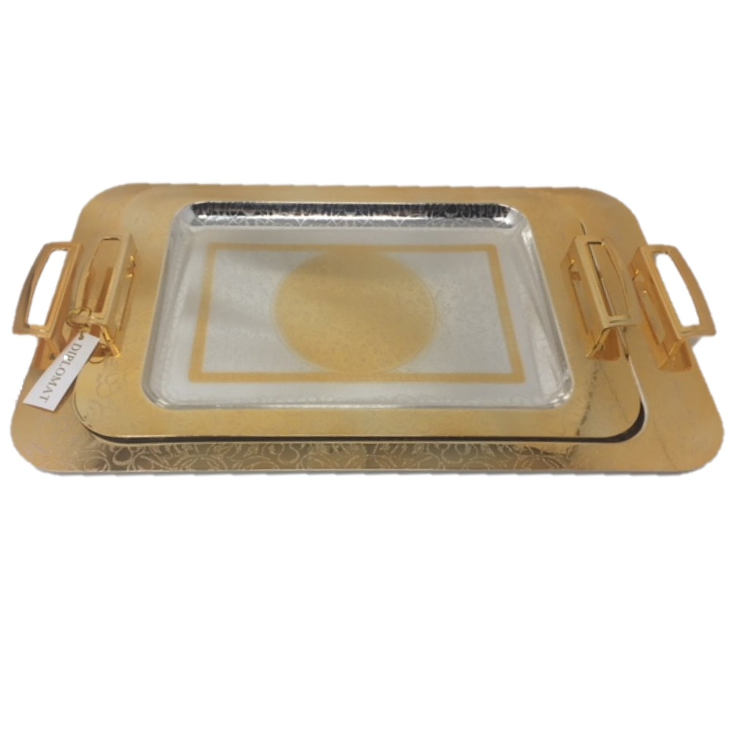 2 PC Serving Tray Set Gold Handle and Chrome Plated