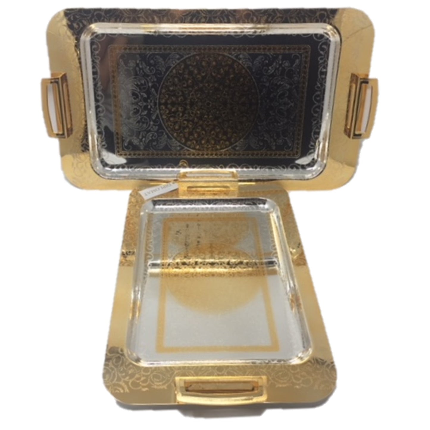2 PC Serving Tray Set Gold Handle and Chrome Plated