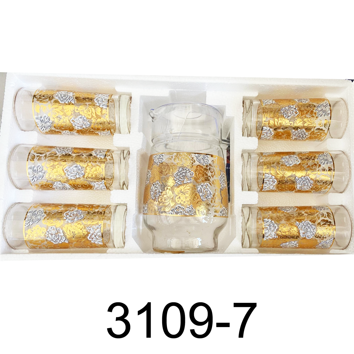 7 PC Gold Flower Entertaining Set with Glass Pitcher and Cups