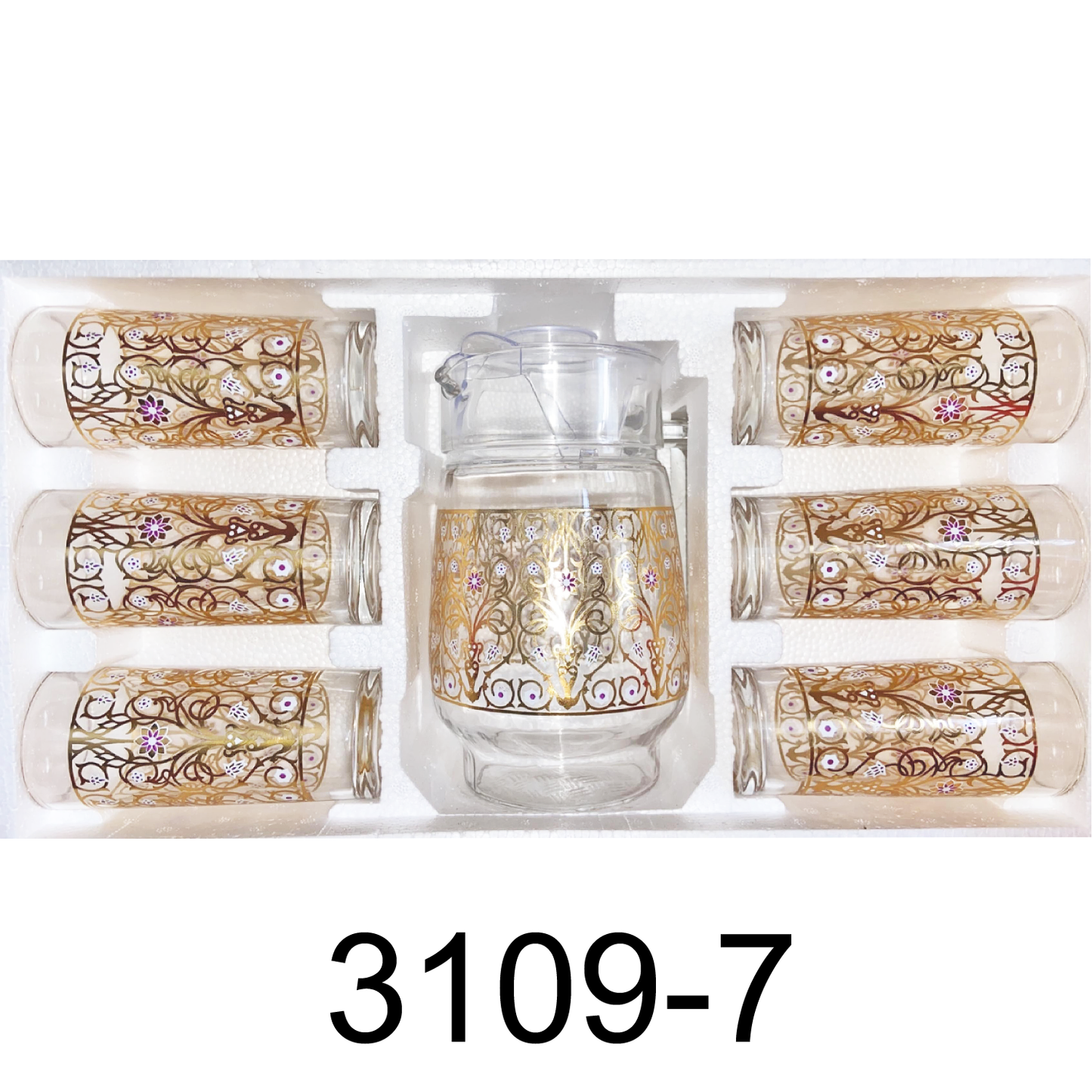 7 PC Gold Design Set with Glass Pitcher and Cups