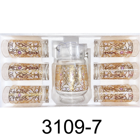 7 PC Gold Design Set with Glass Pitcher and Cups
