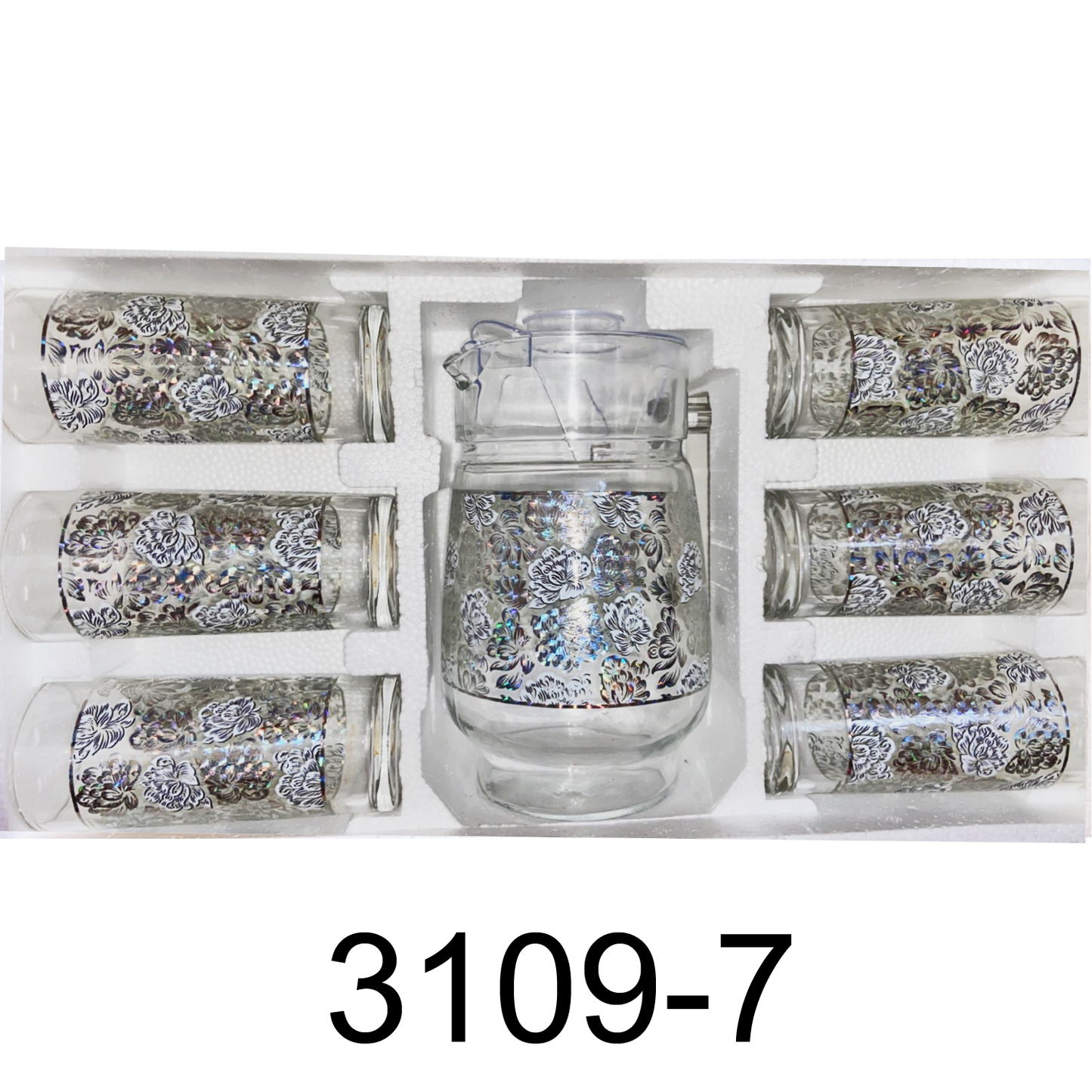 7 PC White Peony Design Set with Glass Pitcher and Cups