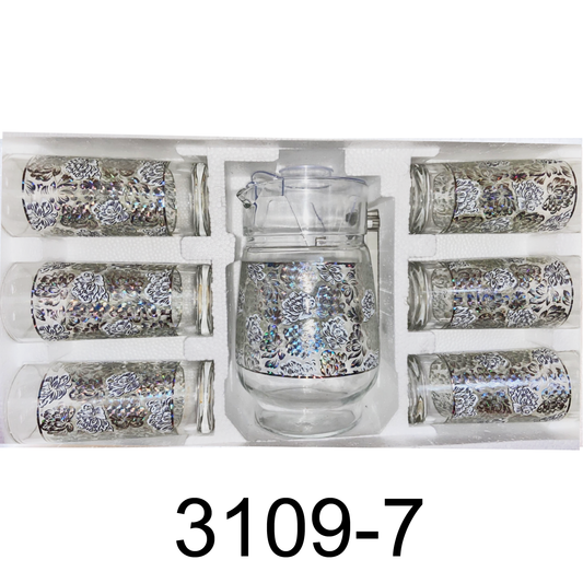 7 PC White Peony Design Set with Glass Pitcher and Cups