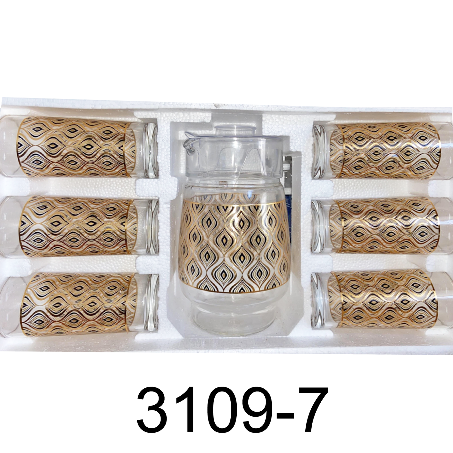 7 PC Gold And Black Peacock Tail Design Set with Glass Pitcher and Cups